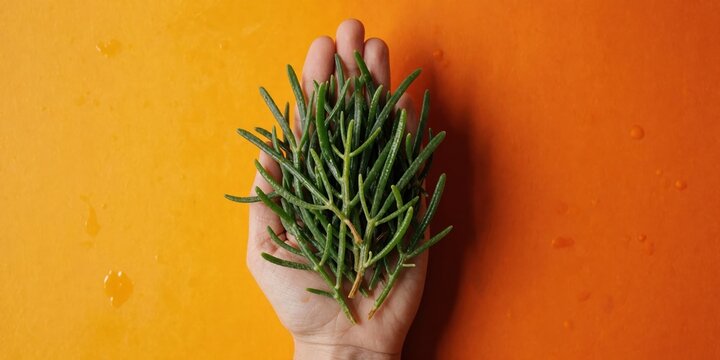 Hand holding fresh green samphire edible sea succulent plant on vibrant orange background for culinary use