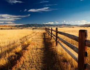 Obraz premium beautiful western ranch landscape with a wooden fence and yellow grass