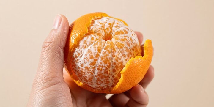 Person peeling a fresh ripe mandarin orange in hand, representing healthy food, vitamin c, and snack time for diet and wellness concepts