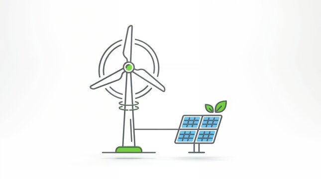 Renewable energy wind turbine and solar panel icon. Green power technology line illustration.