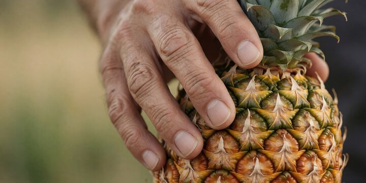 Mature male hands holding a fresh ripe pineapple closeup, representing agriculture, organic food production, and healthy tropical fruit harvesting in close detail