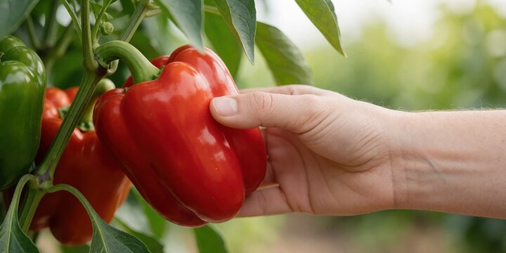 A person harvesting ripe red bell pepper in a greenhouse, agricultural concept for fresh organic vegetable farming and food production