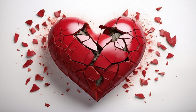 broken heart with shattered pieces on white background