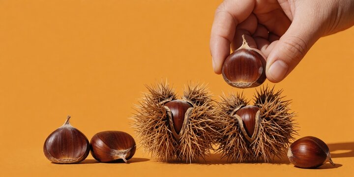 Fresh chestnuts in spiny burrs and peeled chestnut held by hand against an orange background representing autumn harvest and gourmet food