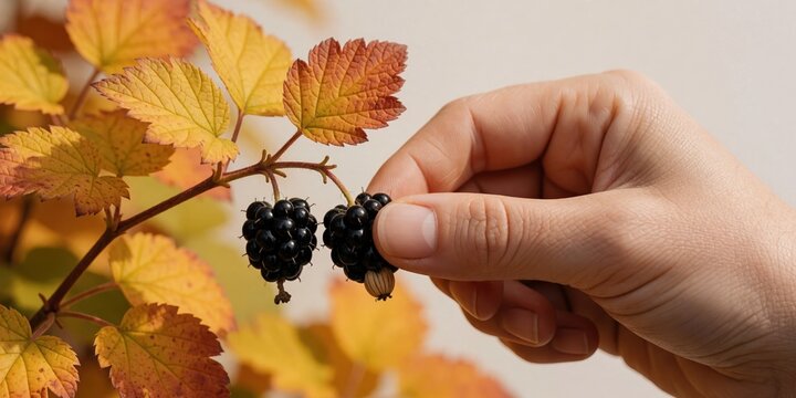Person picking ripe blackberries from autumn bush with colorful orange and yellow leaves in garden