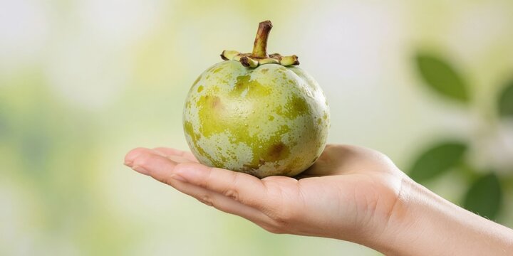 Fresh green velvet apple fruit resting on an open human hand in close up view representing tropical harvest and organic agriculture