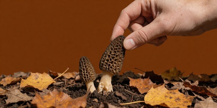 A hand picking wild morel mushrooms growing in soil with autumn leaves representing foraging and gourmet food harvesting
