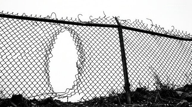 Broken chain link fence with a large hole representing a security breach or freedom in high contrast black and white industrial imagery for professional conceptual metaphors and various