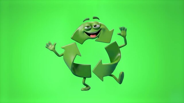 A happy 3D green recycling symbol mascot waves its hands and dances against a solid green background. Ideal for environmental campaigns, eco-friendly video projects, and sustainability educational ani