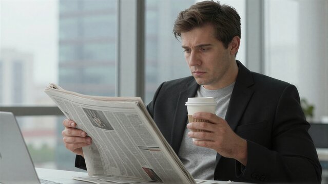 Man in suit reads newspaper while holding coffee cup at office desk.