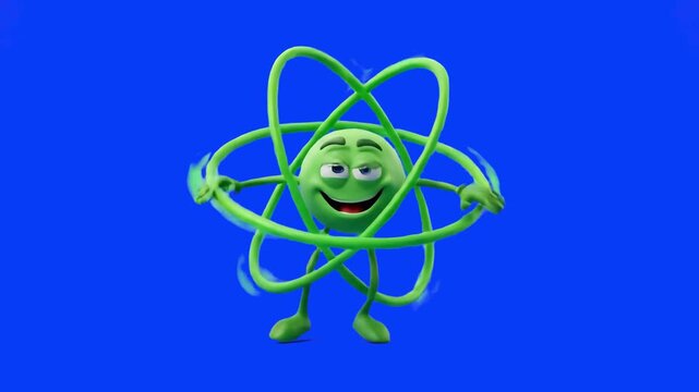 A cartoon 3D green atom character surrounded by orbiting electron rings dancing isolated against a solid blue chroma key background. Great for chemistry explainer videos, physics lessons, science educ