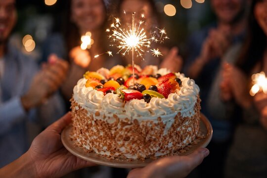 Birthday cake with sparklers at festive celebration party