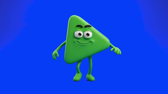 A smiling 3D green play button icon character dancing isolated on a solid blue background. Great for video player interfaces, media streaming graphics, YouTube channel promos, and interactive UI anima