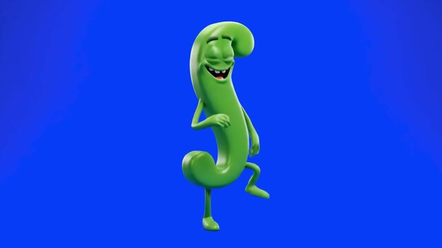 A green 3D cartoon integral mathematical symbol character dancing joyfully on a solid blue chroma key backdrop. Great for calculus tutorials, math learning videos, academic promo overlays, and educati