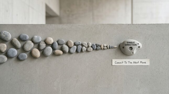 Creative concept of grey river stones trailing toward a climbing hold with single direction text and a paper note stating commit to the next move perfect for business motivation and focus growth goal