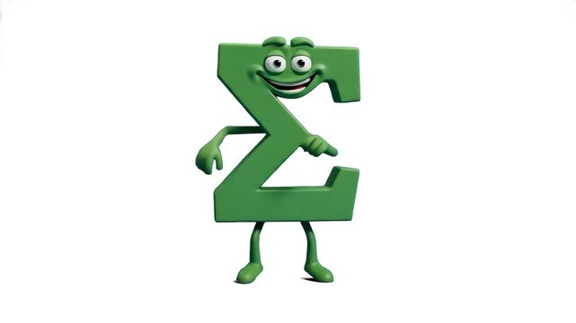 A friendly 3D green Sigma math symbol mascot character with a smiling face dancing isolated on a clean white background. Perfect for algebra tutorials, statistics videos, school presentations, and edu