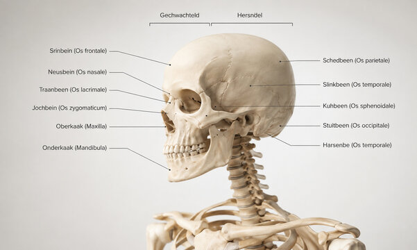 AI generated detailed human skull anatomy diagram labeled cranial bones cervical spine skeletal structure for medical education healthcare training clinical reference