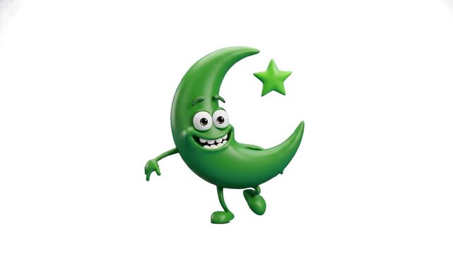 A cute 3D green crescent moon mascot with a matching star dances happily against a seamless white studio background. Ideal for astronomy for kids, bedtime stories, nursery rhymes, and whimsical educat