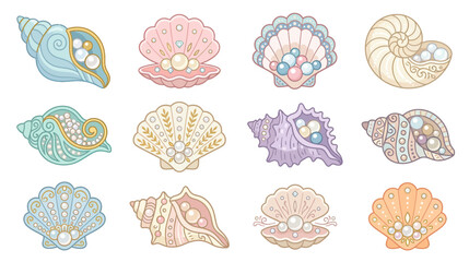 Decorative Seashells with Pearls Collection Isolated © Deni