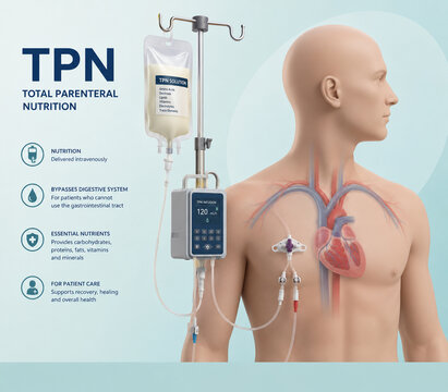 AI generated total parenteral nutrition infographic showing intravenous nutrient infusion central venous catheter heart anatomy infusion pump for clinical healthcare education isolated background