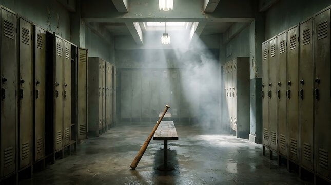 A baseball bat resting on a bench in a moody, dimly lit locker room.