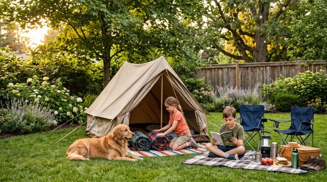 Kids and golden retriever enjoy a sunny day backyard camping on a summer day, setting up a canvas tent, relaxing.