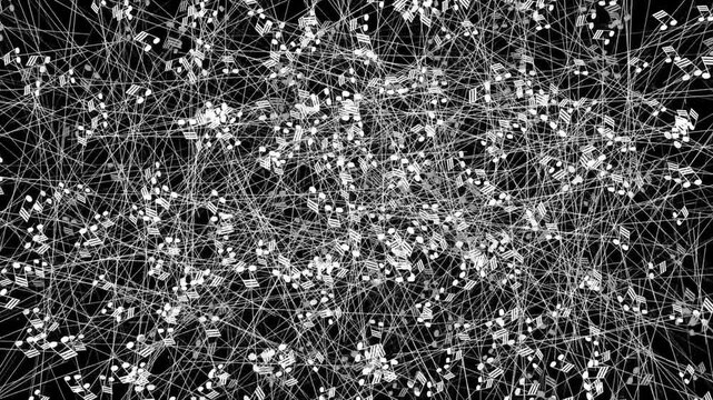 Abstract Dynamic Musical Notes and Lines on Black Background