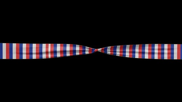 A striped elastic fabric ribbon being pulled and stretched to a narrow point against a dark black background. Great for textile physics concept videos, material elasticity demonstrations, abstract mot