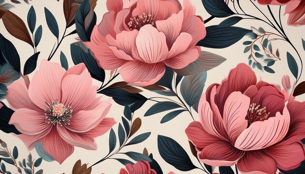 floral seamless pattern with big pink flowers and dark leaves on light background ideal for textile design and surface pattern