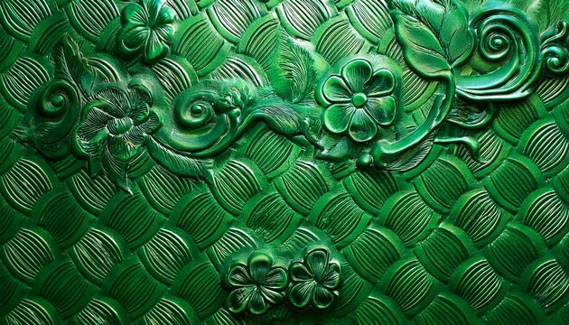 green background tone with embossed floral pattern on metal surface