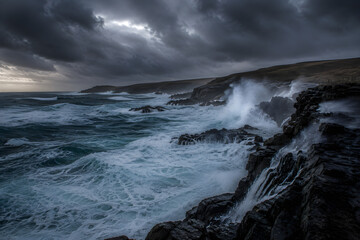 Fototapeta premium Powerful Storm Waves Crashing Against Rugged Rocky Coast Under Dark Clouds