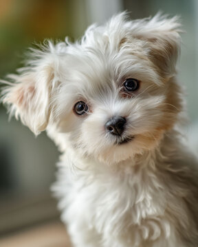 ふわふわの白い毛とつぶらな瞳が印象的なマルチーズの子犬