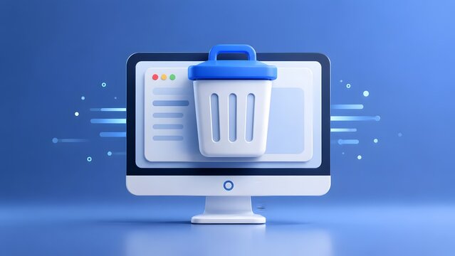 Digital data deletion concept with trash can icon over computer monitor representing file removal memory cleanup and system maintenance