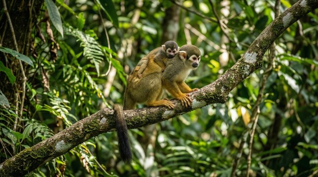Mother Squirrel Monkey Carrying Baby on Her Back in Lush Green Amazon Rainforest Tree Branch
