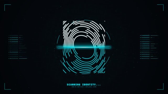 Animated biometric fingerprint scan with glowing blue laser line on a dark futuristic UI interface, ideal for cybersecurity, identity verification and data protection