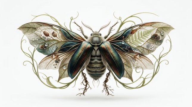 Surreal insect with leaf wings on white background. Artistic beetle illustration in nature.
