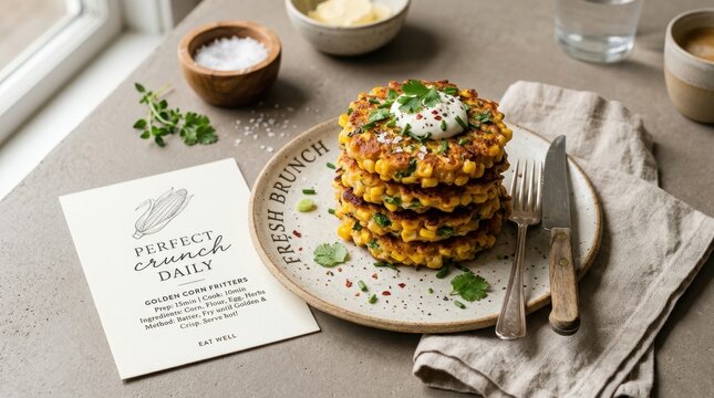 Golden corn fritters stacked on a plate with sour cream and herbs served for brunch with a 10 minute cook time recipe card and condiments in a bright natural light kitchen setting for a healthy meal..