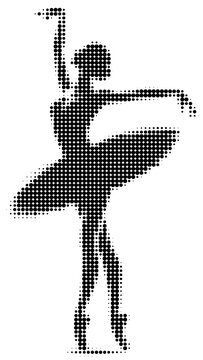 dotted graceful ballerina silhouette. Abstract vector illustration of a dancer on pointe shoes in black and white halftone pattern style
