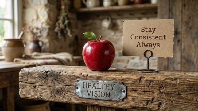 Fresh red apple sitting on a rustic wooden bench next to an inspirational note reading stay consistent always and a vintage metal sign displaying healthy vision in a cozy farmhouse kitchen atmosphere.