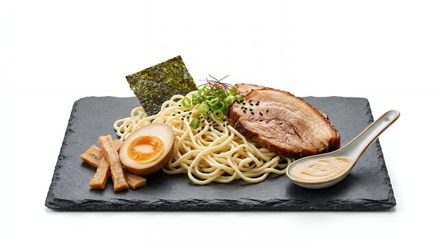 Bowl of Japanese ramen noodles. Traditional pork chashu soup with egg on slate plate.