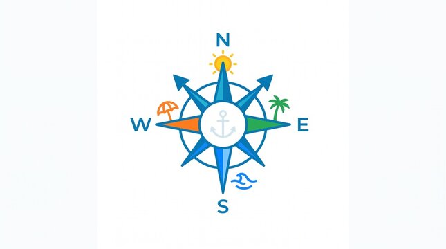 Colorful Compass Rose with Travel Icons and Cardinal Directions.