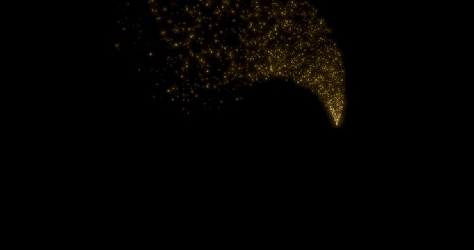 Glittering gold particle trails flying in black background. Sparkling light streaks glow dust effect. 4K 3D rendering animation.