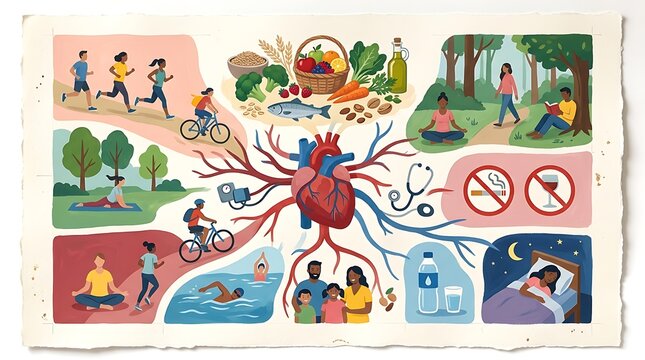 Heart health concept showing various exercise and nutrition habits