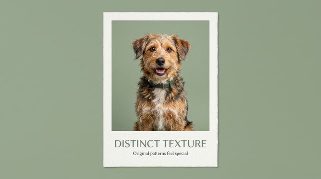 Happy scruffy terrier dog portrait framed in polaroid style border with distinct texture text on sage green background, capturing a cute domestic pet look. Ideal for social media and creative work....
