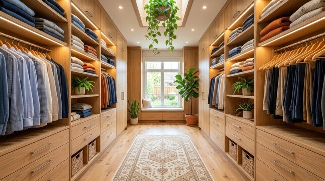 Luxurious walk in closet with light wood cabinets, neat clothes, indoor plants, and natural light from a window and skylight, showcasing a modern and efficient home storage solution for a tidy living.