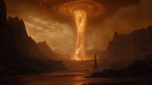 Fiery vortex descends on volcanic landscape; apocalyptic fantasy backdrop