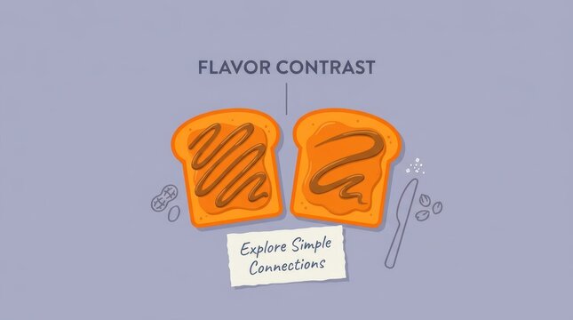 Minimalist vector illustration showing two pieces of golden toasted bread with peanut butter and syrup spreads illustrating flavor contrast and simple food connections on a soft purple background set.