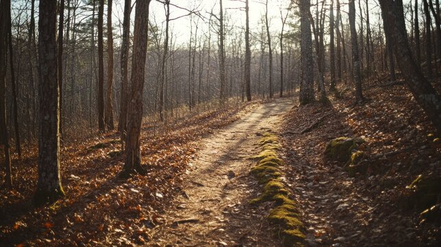 Sunlit forest path winding through a wood.