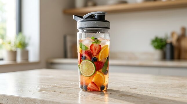 Clear water bottle with fresh sliced fruits and berries on a kitchen counter. spill proof container