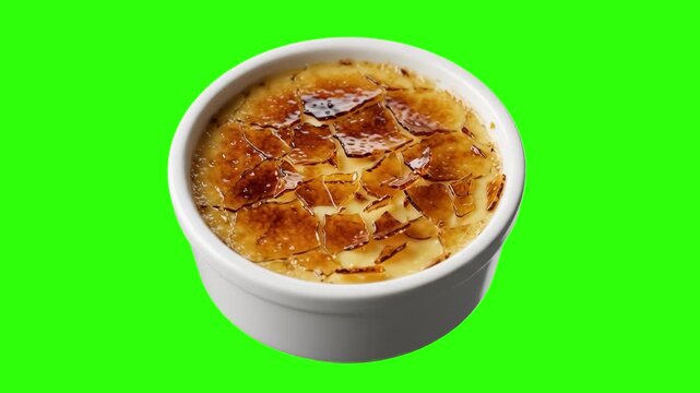 A classic cr&egrave;me br&ucirc;l&eacute;e dessert in a white ramekin featuring a caramelized sugar top, isolated on a bright green screen backdrop. Perfect for culinary videos, recipe tutorials, and food advertising.